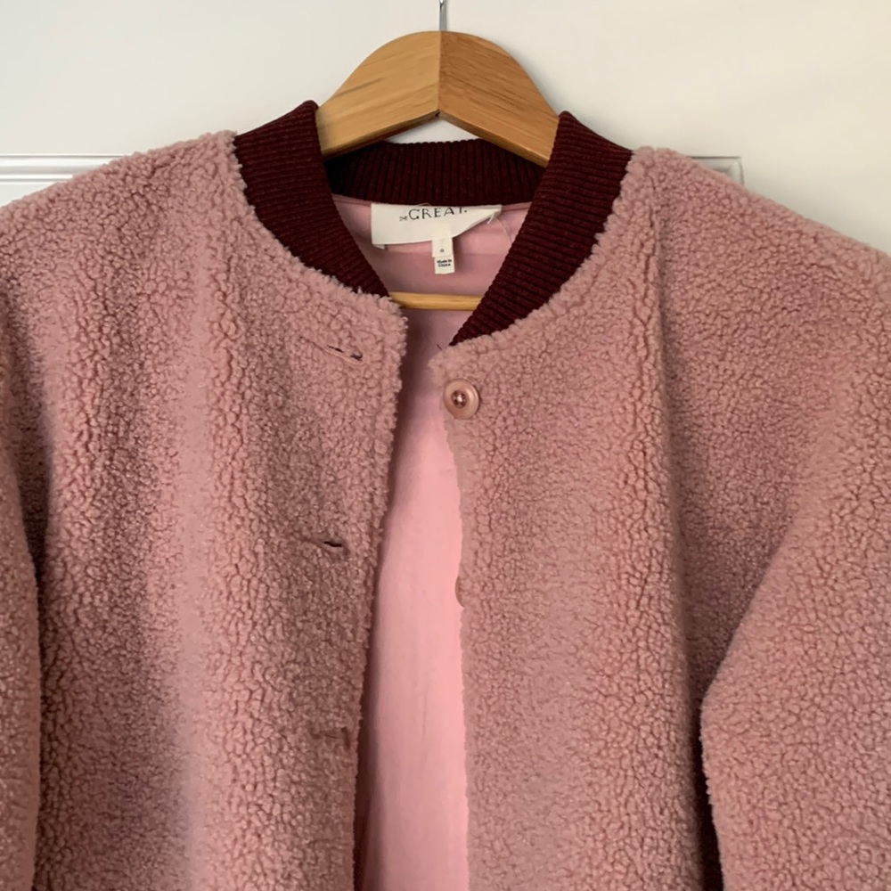 The GREAT. Sherpa knee length Bomber Jacket Dusty Rose
